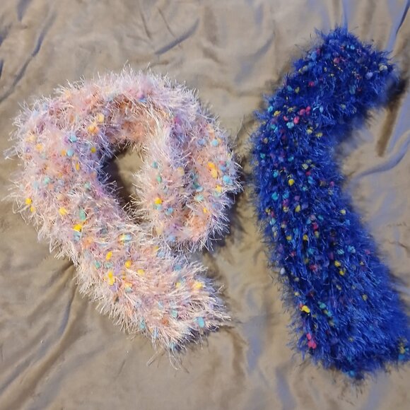 Hand Crafted Confetti Eyelash Yarn Set of Two Scarves Blue and Pink - Picture 1 of 5